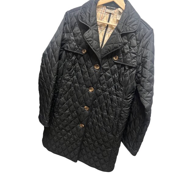 L.L. Bean Vintage 90's Long Black Quilted Barn Chore Car Coat with Plaid Interio - Picture 1 of 7